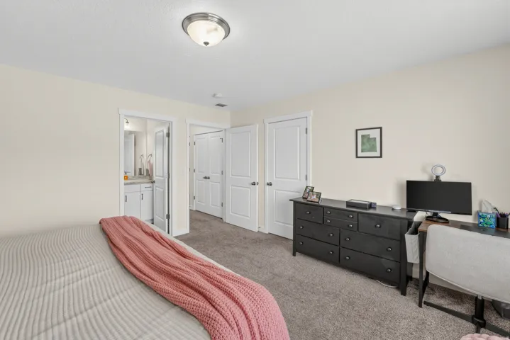 Recessed ceiling light fixture, neutral wall paint, gray carpet flooring, white trim, and white doors