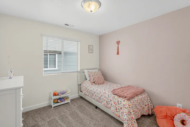 Plush carpet flooring, neutral painted walls, and a window with blinds