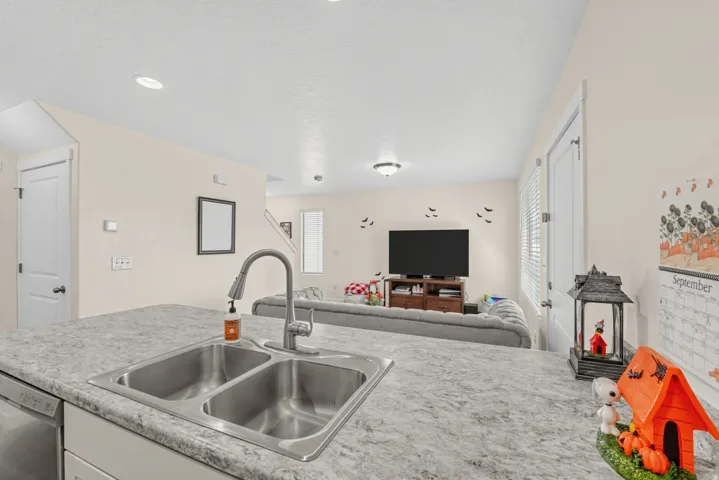 Dual-basin stainless steel sink with a pull-down faucet, set into a durable countertop