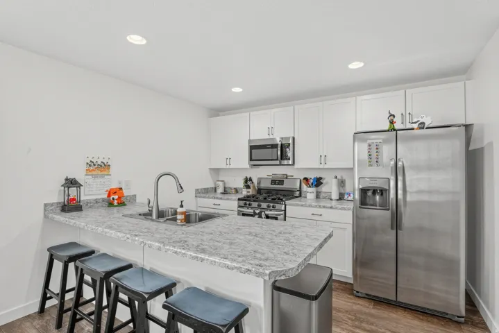 Kitchen featuring white cabinetry, stainless steel appliances, a double basin sink, recessed lighting, and wood-finish flooring