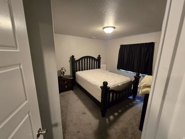 Wall-to-wall carpeting with a neutral color palette, featuring a window with dark privacy coverings