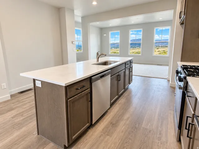 Kitchen island featuring a single-basin sink, stainless steel dishwasher, and dark wood-finish cabinetry with black hardware