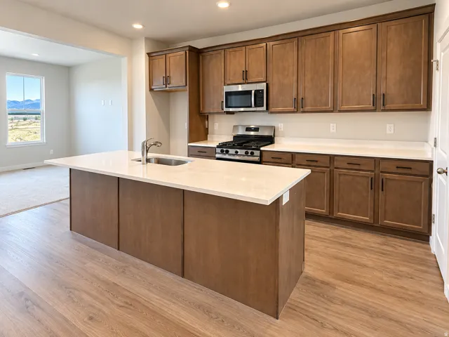 Spacious kitchen featuring an island with an undermount sink, ample cabinetry, stainless steel appliances, and wood-finish flooring