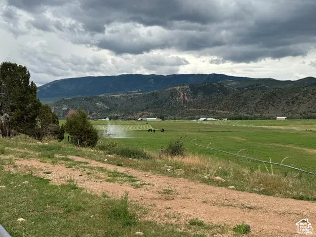 Expansive green fields with mountain backdrop, including an irrigation system, evergreen trees, and a dirt path