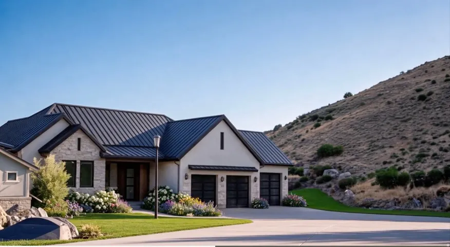 Modern exterior with a dark metal roof, stone and stucco facade, an integrated two-car garage, mature landscaping, and an expansive concrete driveway
