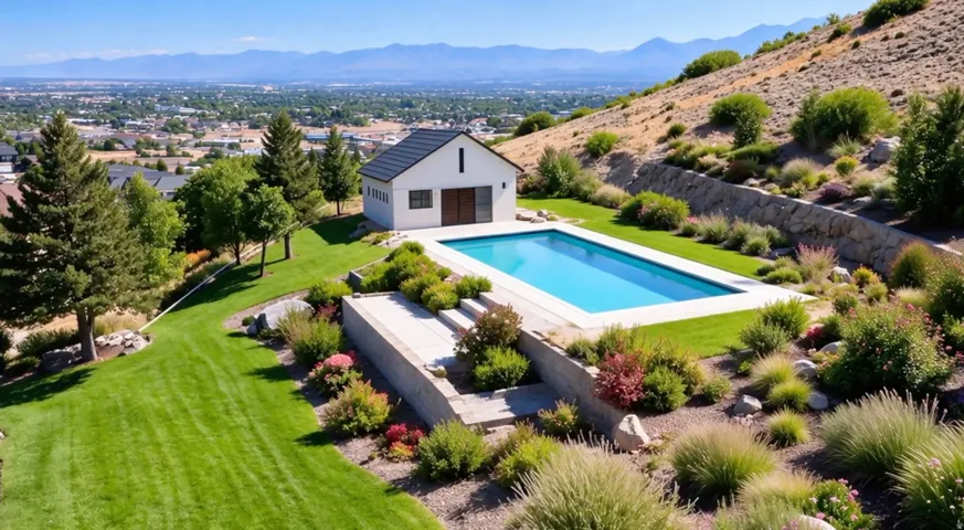 Expansive terraced yard with an in-ground swimming pool, a dedicated pool house with a dark gabled roof, and a mature landscaped hillside