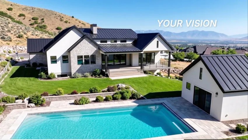 Modern exterior with stone accents, dark metal roofing, an expansive lawn, and a swimming pool with paved surround