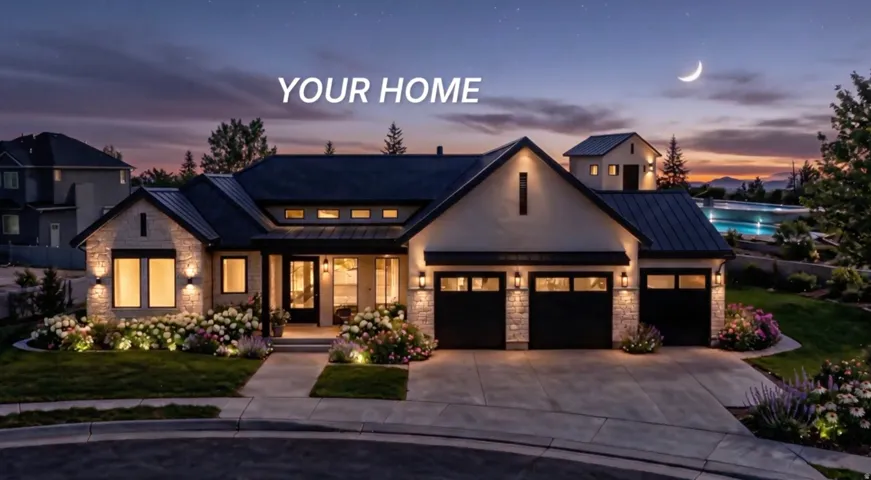 Stone and stucco exterior featuring a metal roof, three-car garage, and professionally landscaped front yard
