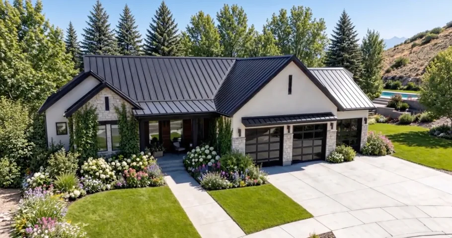 Stucco and stone exterior with a black metal roof, two-car garage with glass-paneled doors, concrete driveway, and established landscaping