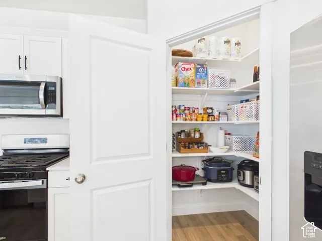 Walk-in pantry with multiple shelves, wood-finish flooring, and a solid panel door