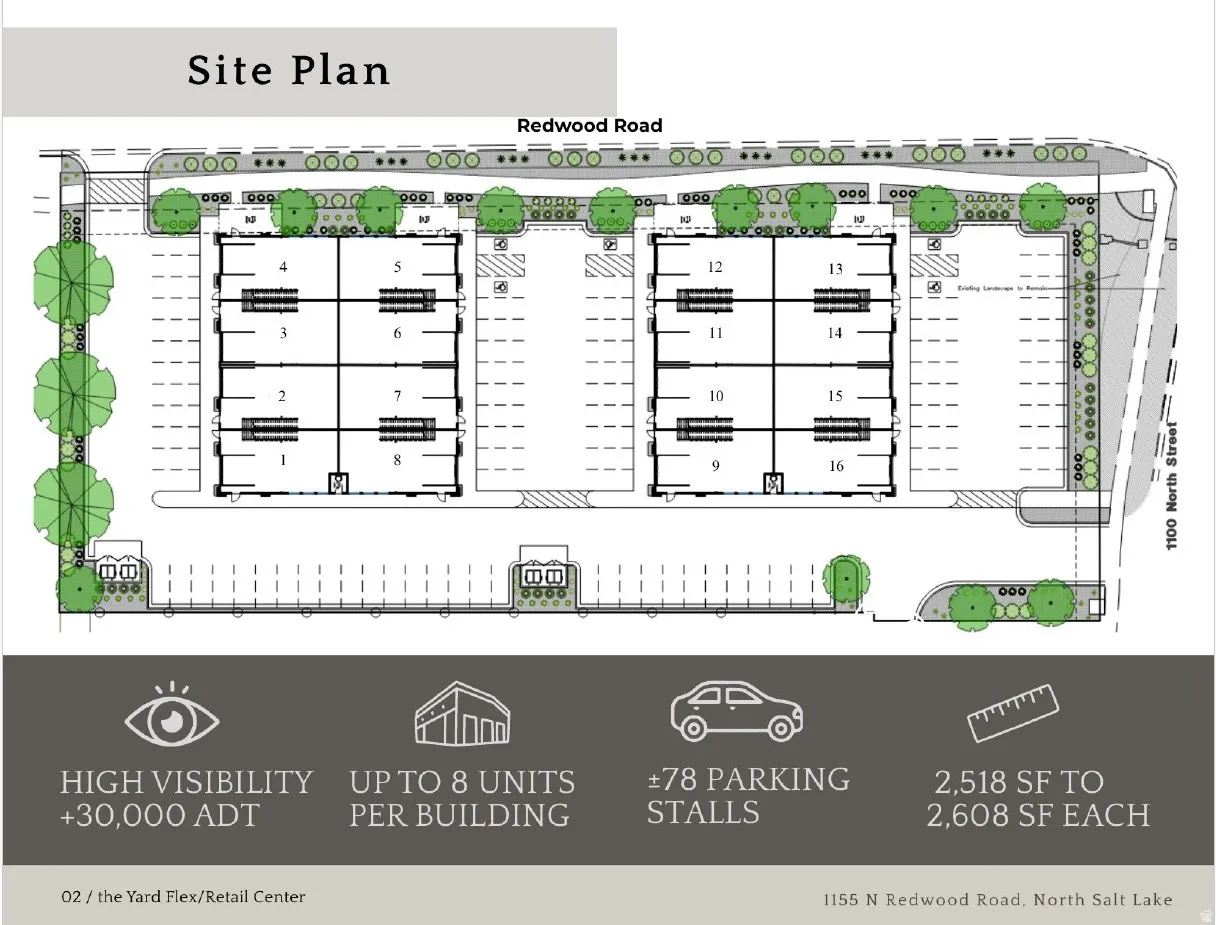 Site Plan. Detailing the layout of the property, including units, parking, and access roads