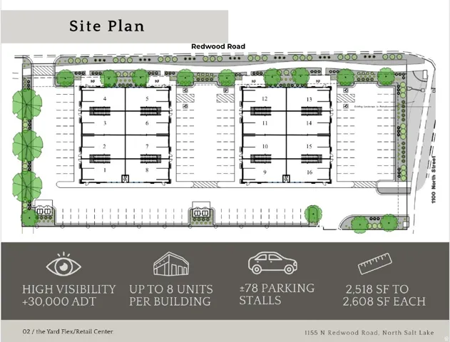 Site Plan. Detailing the layout of the property, including units, parking, and access roads