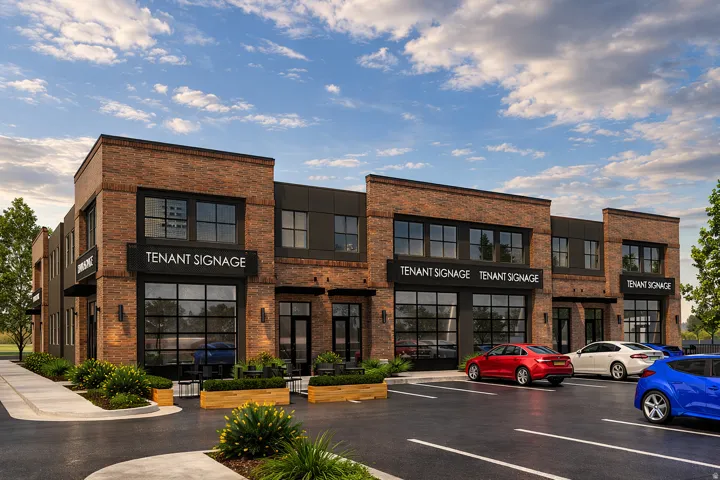 Brick exterior with large storefront windows, dedicated tenant signage areas, integrated outdoor seating, and ample parking
