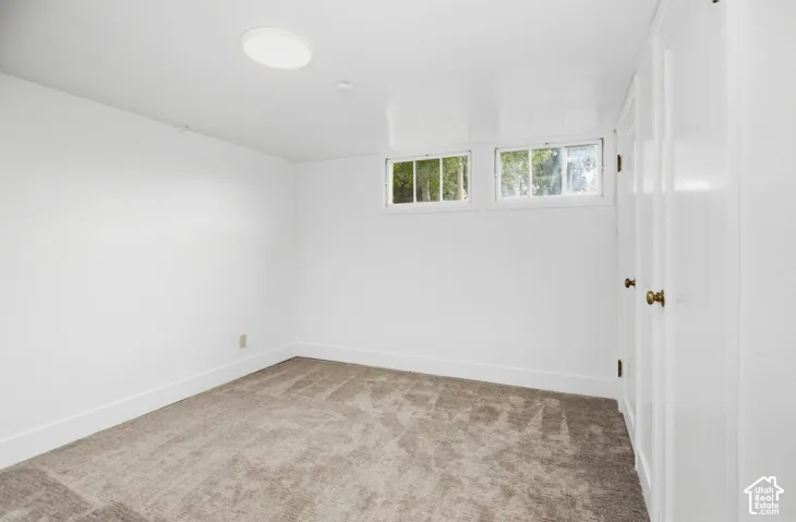 Carpeted room with white walls, two windows, and a flush-mount ceiling light