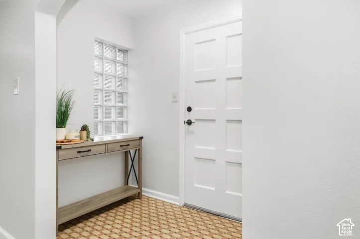 Glass block window for diffused light, paneled door with black hardware, and patterned floor tile