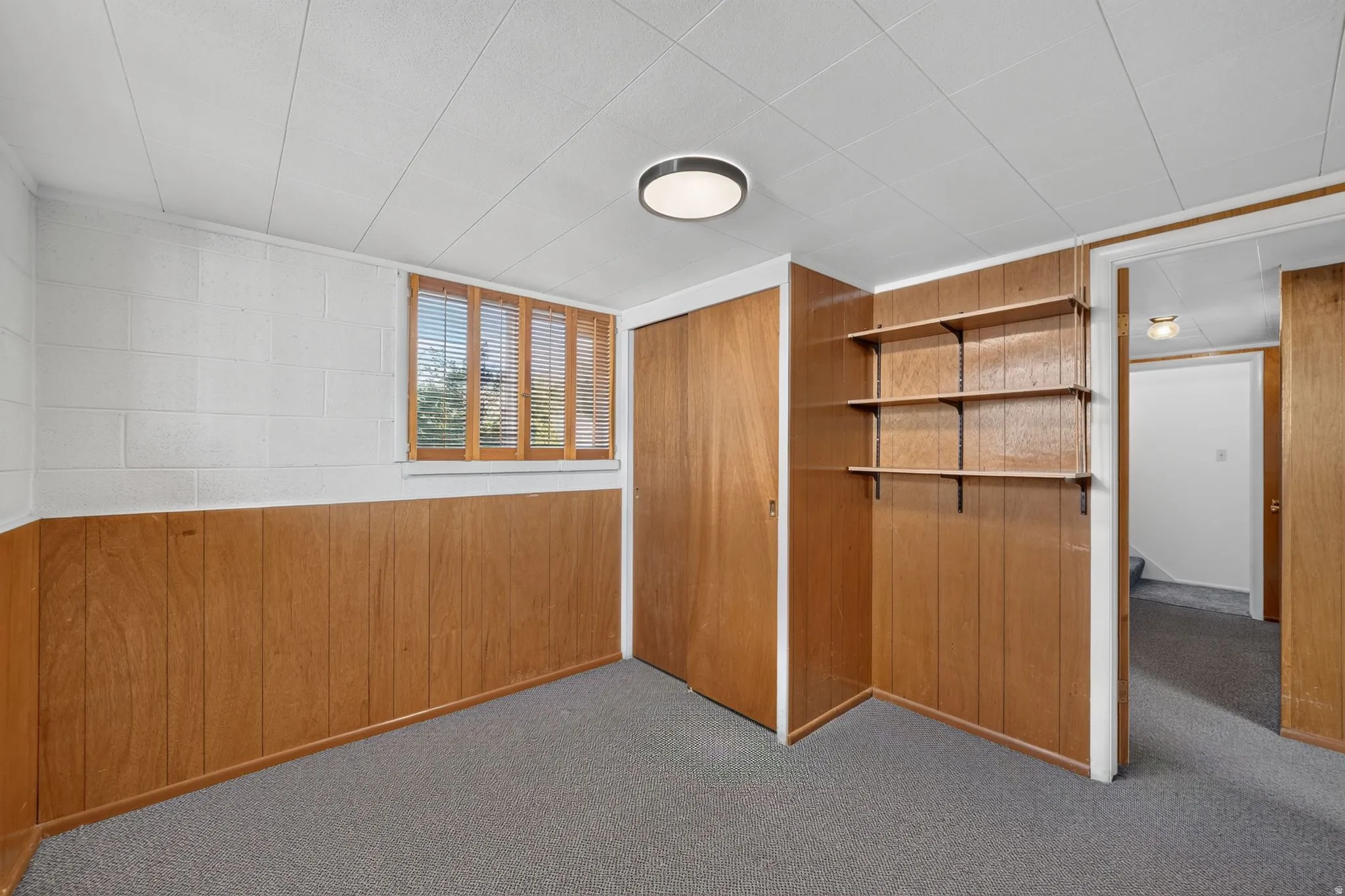 Room featuring wood paneling, a neutral carpeted floor, built-in shelving, a window with wood blinds, and a flush mount ceiling light