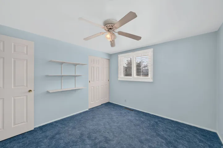 Carpet flooring, white window blinds, ceiling fan, built-in shelving, paneled doors