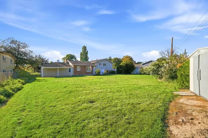 Expansive green lawn with a detached storage shed