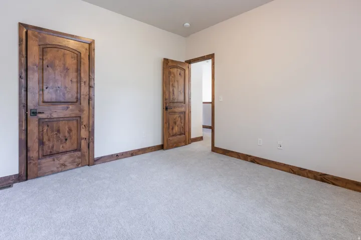 Neutral wall paint, light-colored carpeting, dark wood-finish doors, dark wood-finish trim, recessed lighting