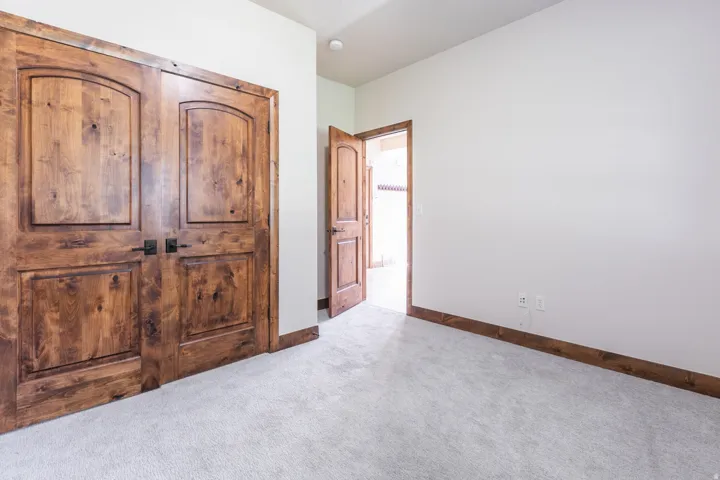 Light grey carpeting, solid wood paneled doors with arch details, and wood-finish trim