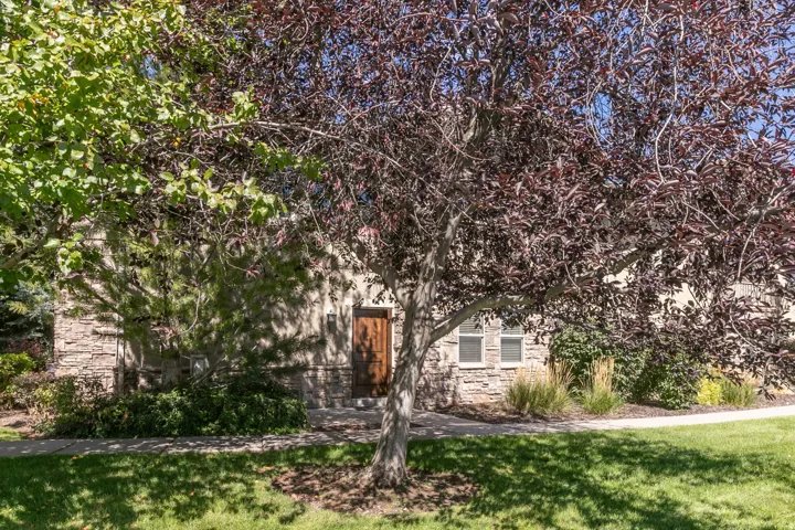 Stone veneer facade, wood entry door, multiple windows, mature landscaping, and a manicured lawn