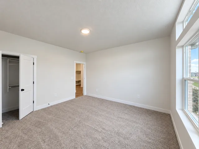 Neutral wall paint, carpet flooring, a double-door closet, recessed ceiling lighting, and large windows