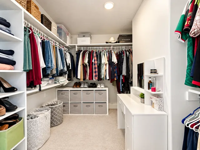 Built-in custom shelving, ample hanging storage, recessed lighting, and carpeted flooring