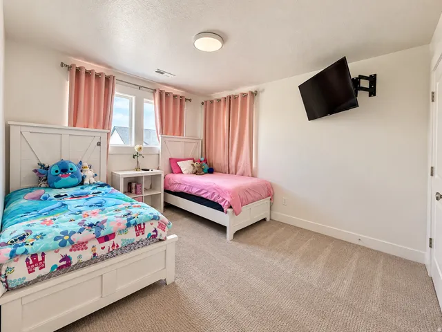 Neutral tone wall paint, carpeted flooring, two pane window, flush mount ceiling light, and a wall-mounted television bracket
