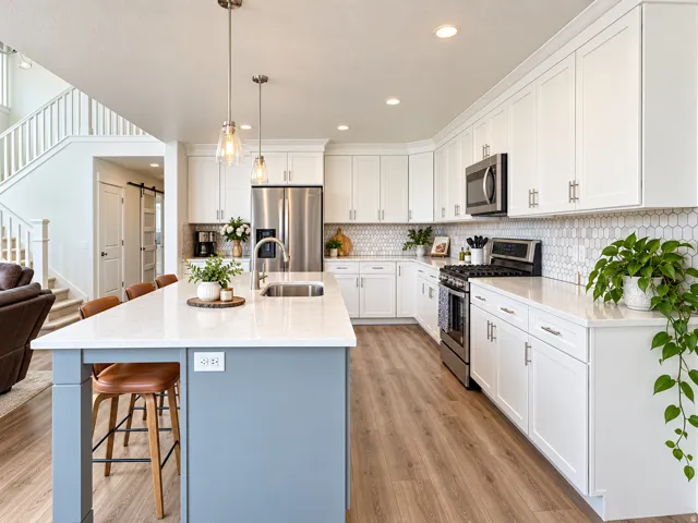 Gourmet kitchen with a large central island, white shaker cabinetry, stainless steel appliances, and wood-finish flooring