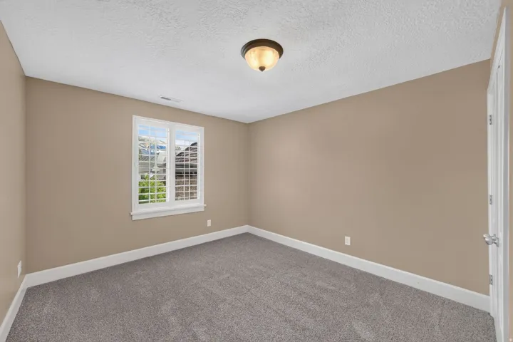 Neutral-toned walls, textured ceiling, and gray carpeting