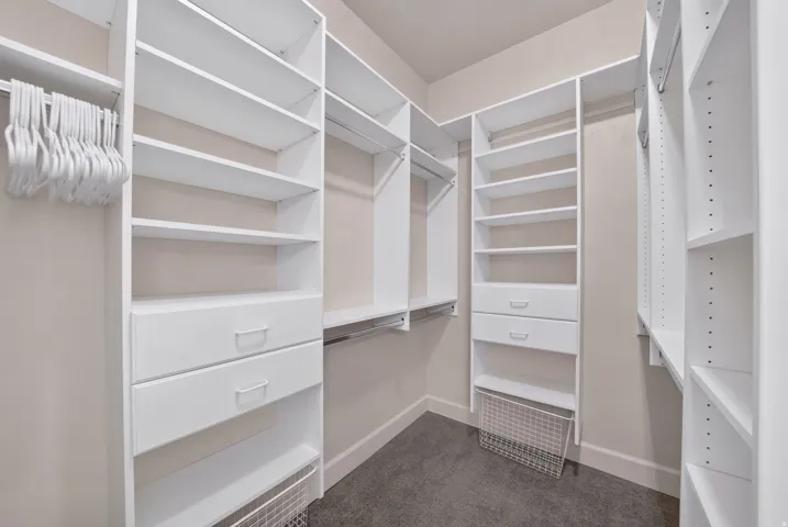 Built-in shelving, integrated drawers, white cabinetry, hanging rods, and carpet flooring