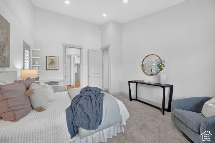 Vaulted ceiling with recessed lighting, light gray plush carpeting, and contemporary doors with modern hardware