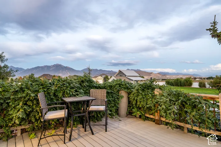 Outdoor decking with a wood-finish surface, surrounded by mature greenery