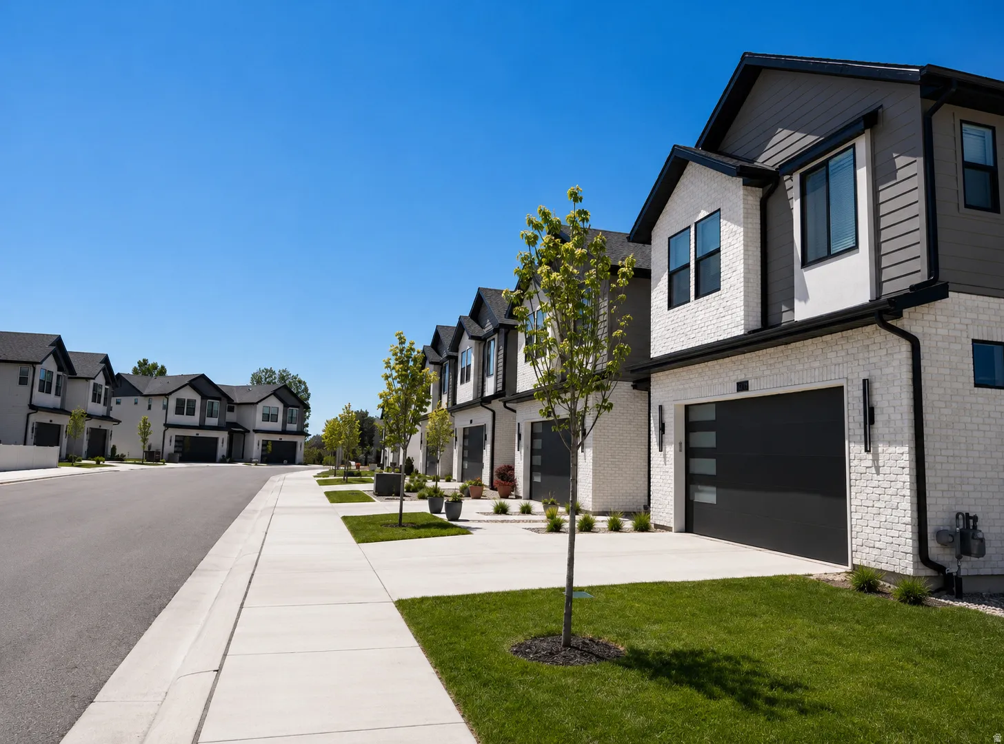 Modern exterior design featuring white brick and dark siding accents