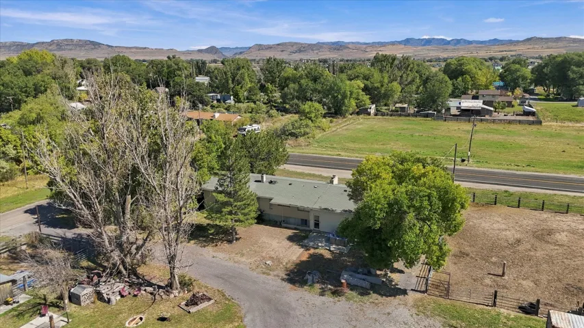 Single-story property with a green roof, set on a large lot with mature trees