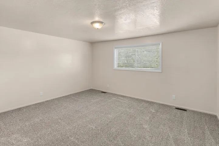 Light carpeting, neutral wall finishes, recessed window, and flush mount lighting