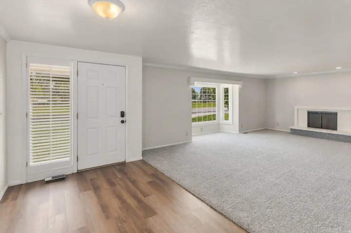 Panel door entry with a sidelight, wood-finish flooring, and a flush mount ceiling light