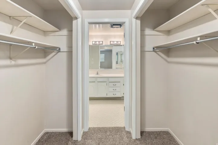 Walk-in closet with carpet flooring, shelving, and hanging rods