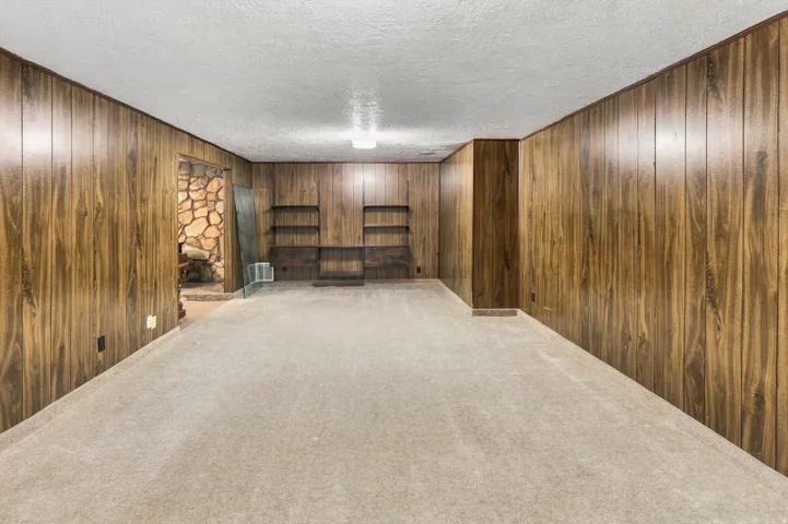 Wood-panel walls, carpeted flooring, built-in shelving, and recessed lighting