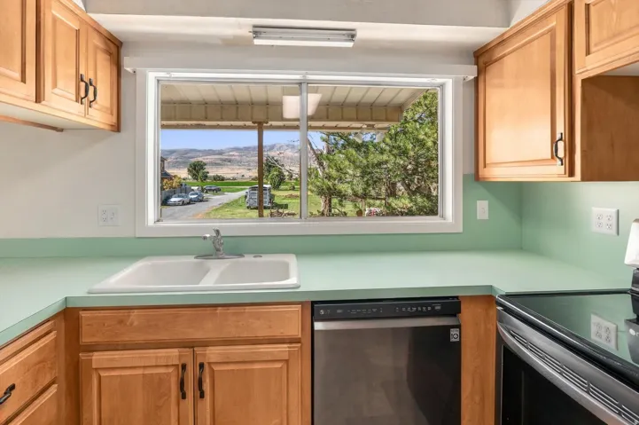 Kitchen featuring a double basin sink, light wood cabinetry, light green countertops, and a built-in dishwasher