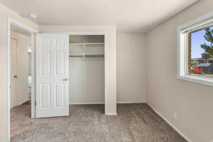 Textured gray carpeting, white window trim, and a built-in closet with sliding doors