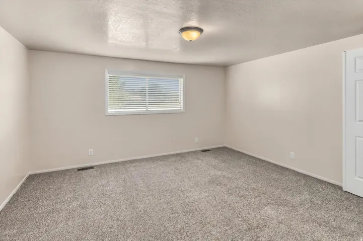 Neutral-toned walls, textured ceiling, and gray carpeting