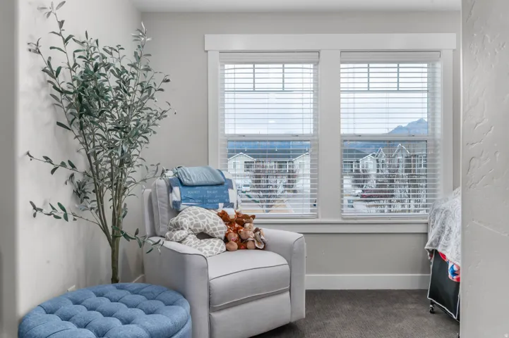 Dual windows with horizontal blinds and mountain scenery
