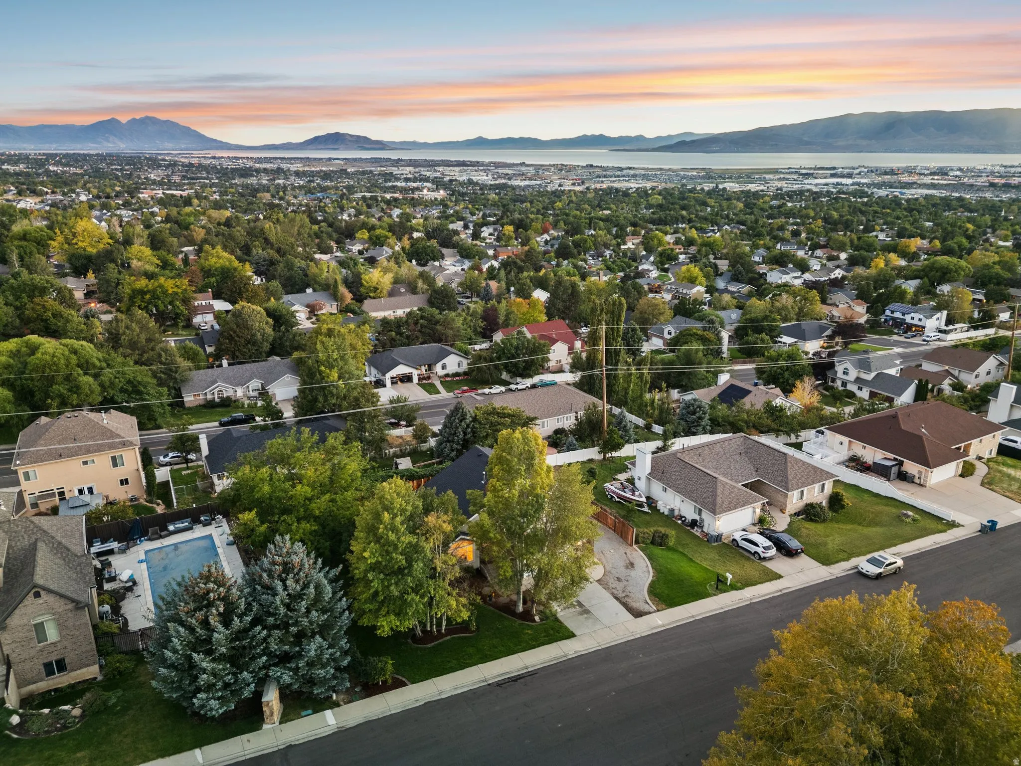 Twilight views looking over Utah Lake from the house