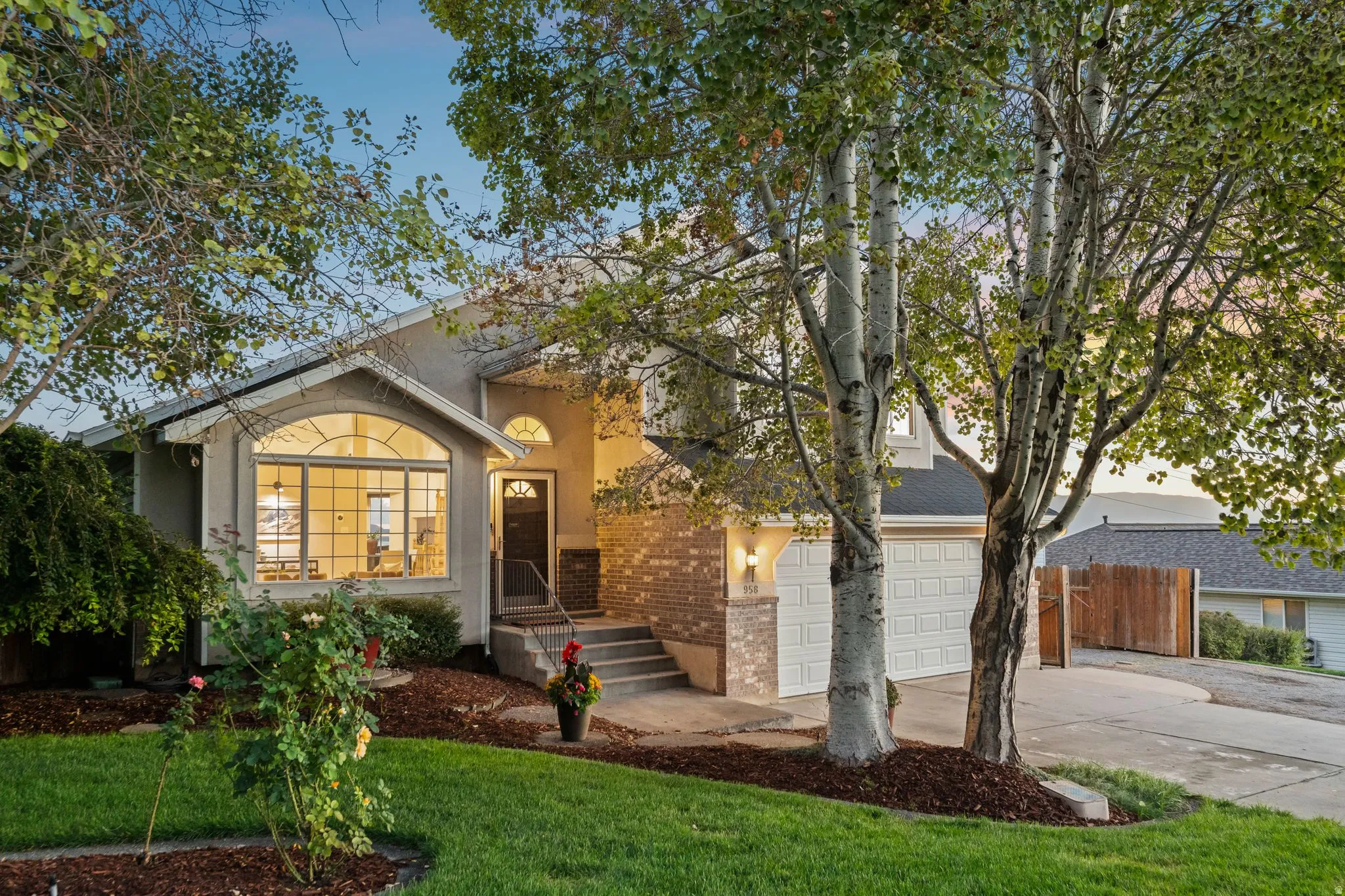 Front view of the home at twilight
