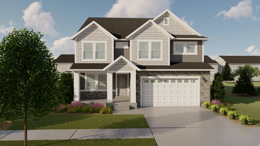 Two-story residence featuring a covered front porch, an attached two-car garage, stone and siding exterior accents, and a landscaped front yard with a paved driveway