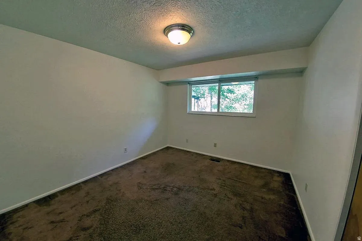 Recessed window with exterior scenery, overhead flush mount lighting, and neutral wall tones