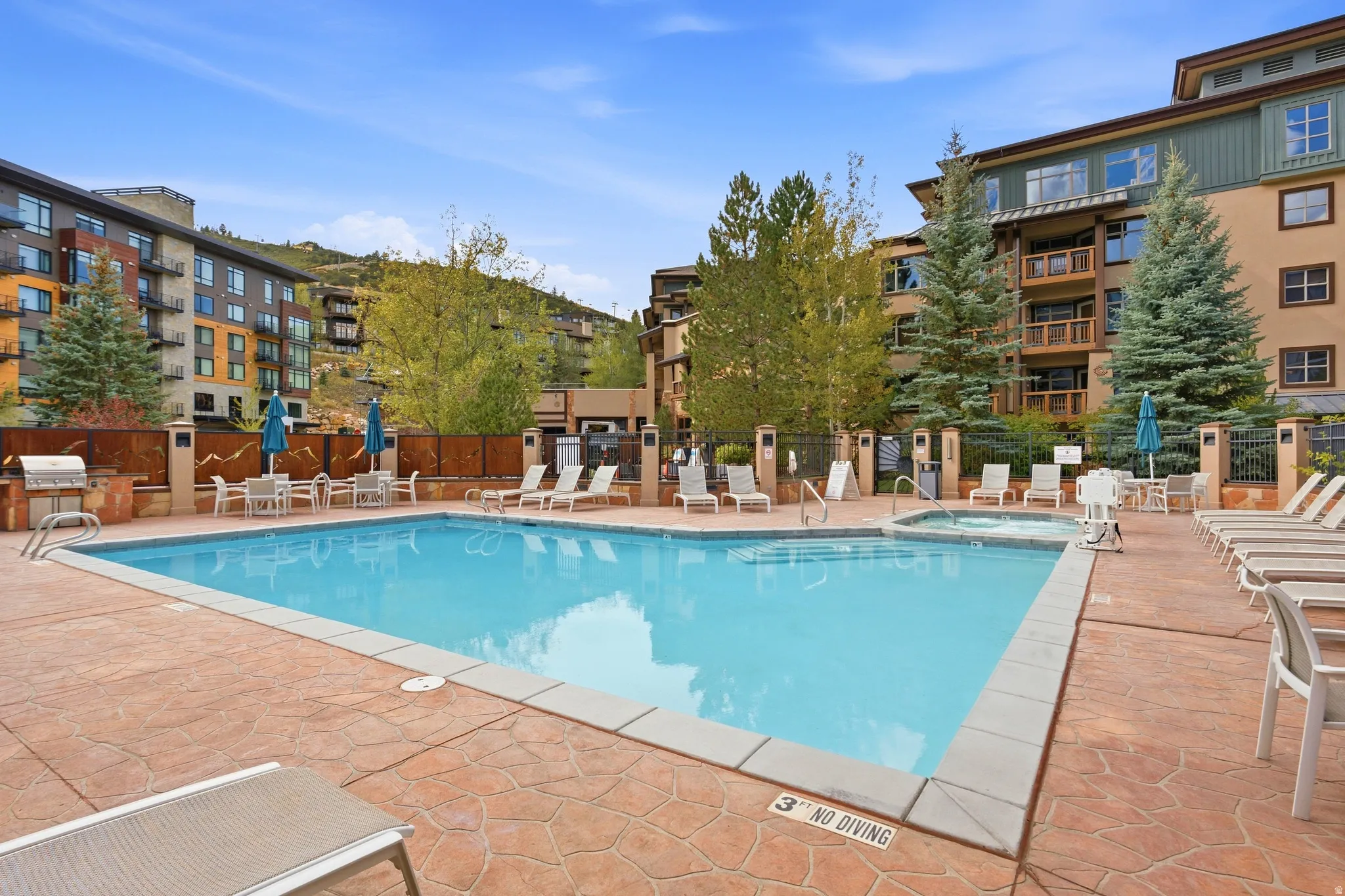 Outdoor swimming pool with an integrated spa, surrounded by stamped concrete decking and mature evergreen landscaping
