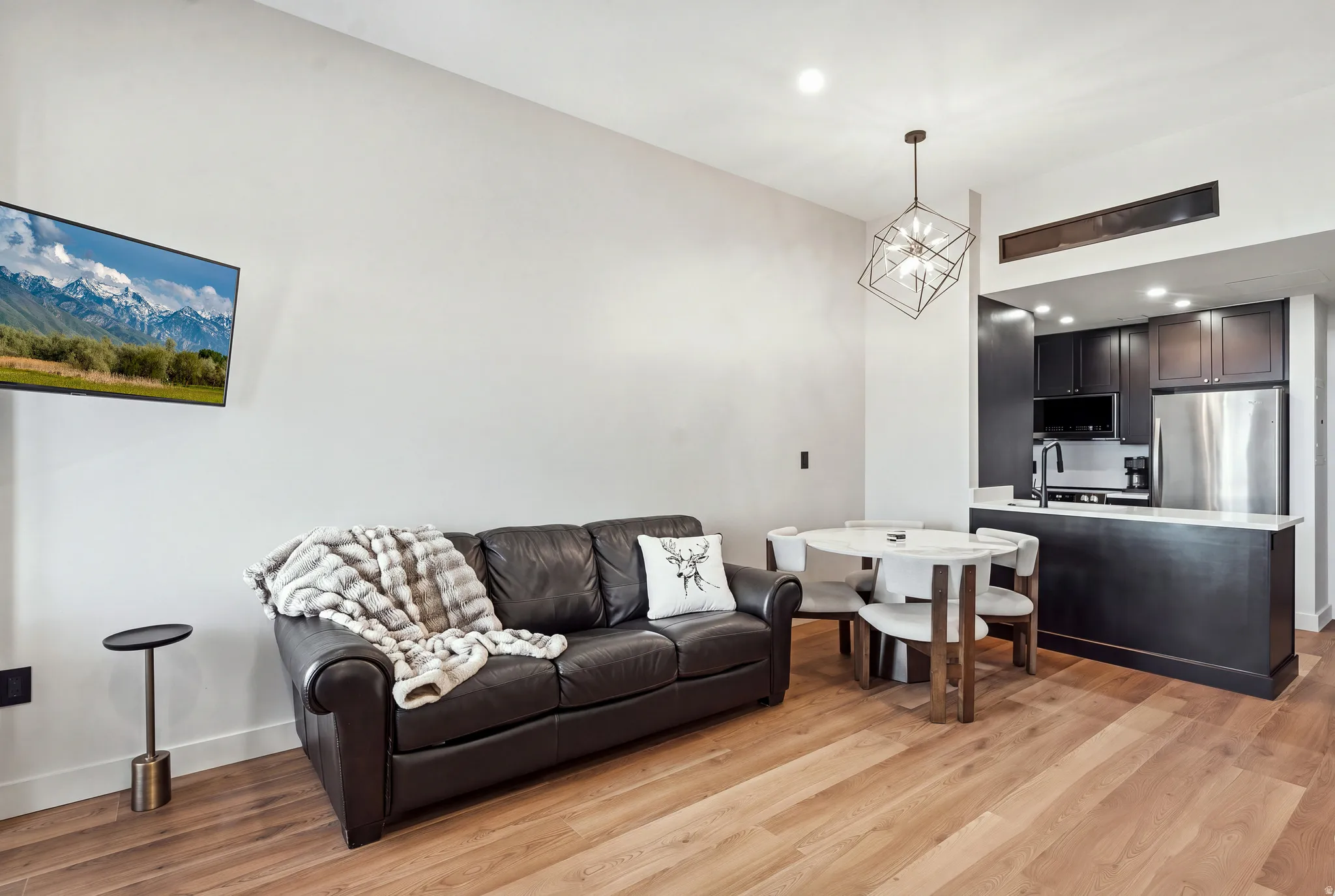 Modern wood-finish flooring throughout, complemented by a kitchen featuring dark cabinetry, stainless steel appliances, and a light-toned countertop