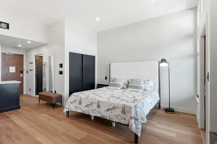 Wood-finish flooring, white walls, black sliding closet doors, and a ceiling-mounted light fixture